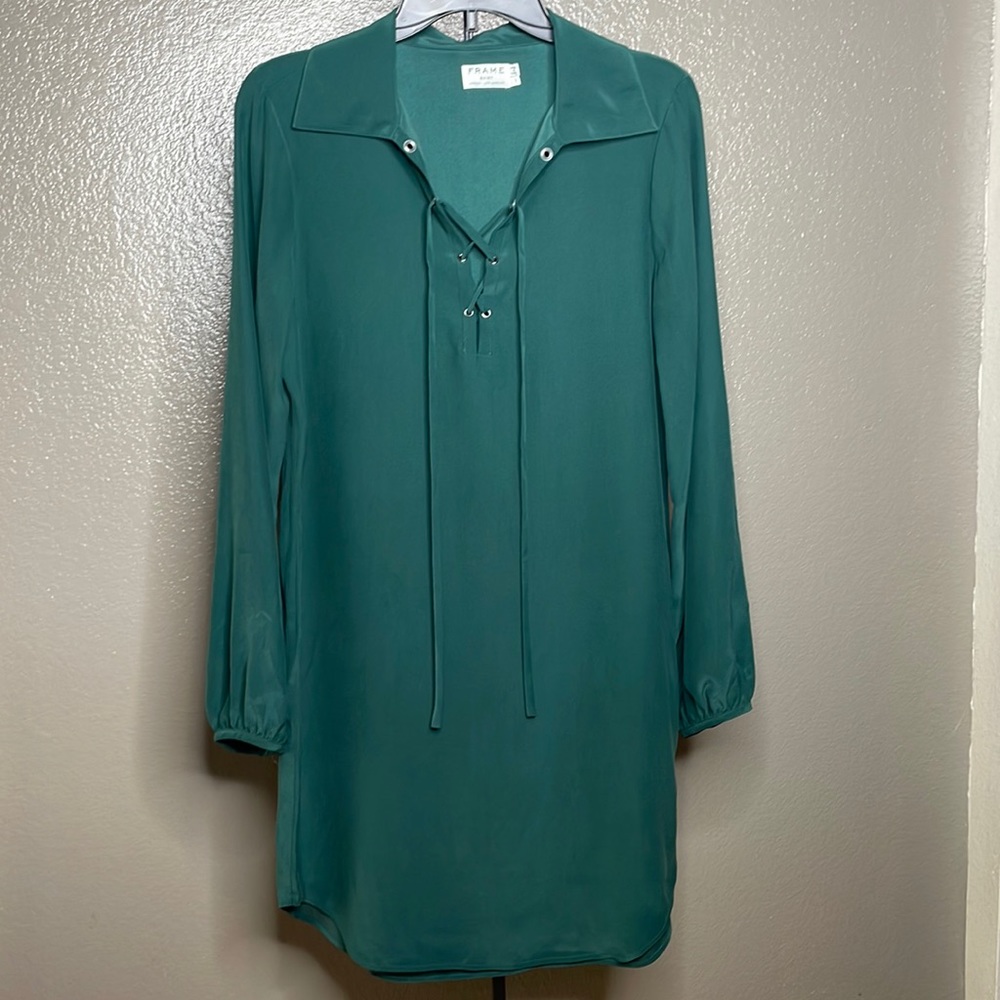 FRAME Sz Small Spruce Color 100% Silk Shirt Lace detail Like New Tunic Style